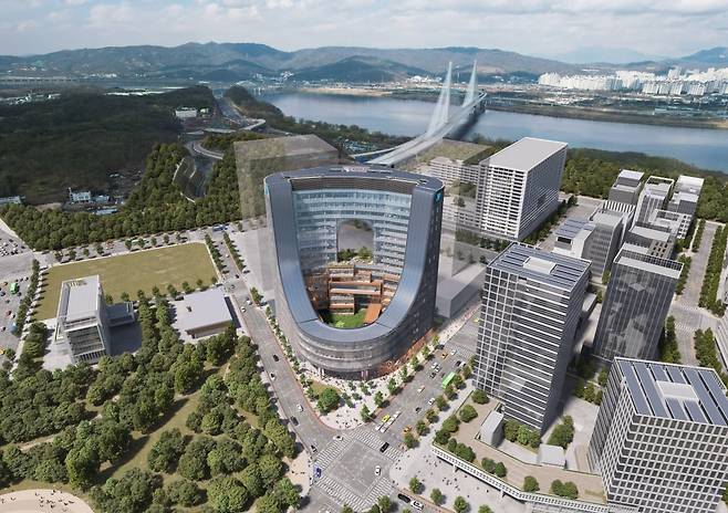 JYP 신사옥 조감도(안). 왼쪽 공원부지가 용도변경되면서 18~19층 건물이 들어설 수 있게 됐다. 한경DB