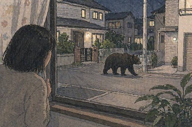 주민이 한밤중 집에서 창밖을 보다가 주택가에 나타난 곰을 발견한 모습. 기사의 이해를 돕기 위해 생성형 인공지능(AI)으로 제작한 이미지입니다.