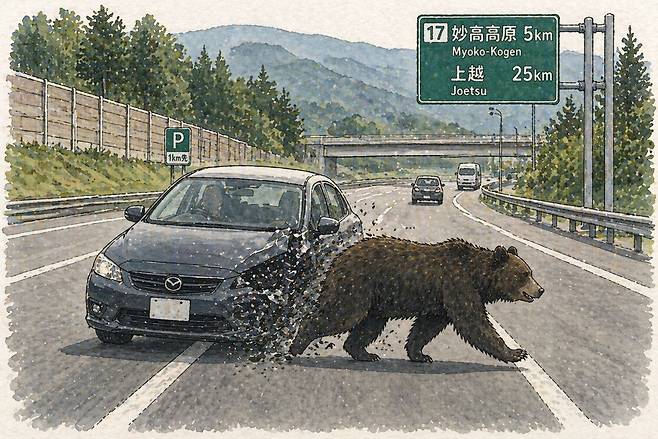 고속도로를 횡단하는 곰이 자동차와 충돌하는 모습. 기사의 이해를 돕기 위해 생성형 인공지능(AI)으로 제작한 이미지입니다.