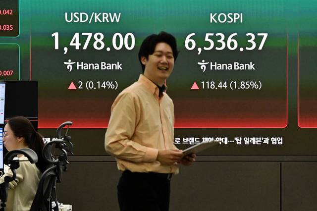 증시 문열자마자 ‘하이킥’  : 23일 서울 중구 하나은행 딜링룸에서 딜러들이 거래를 하고 있다. 이날 코스피는 전 거래일 대비 70.90포인트 상승한 6488.83에서 출발해 사상 처음 6500선을 돌파했다.  문호남 기자