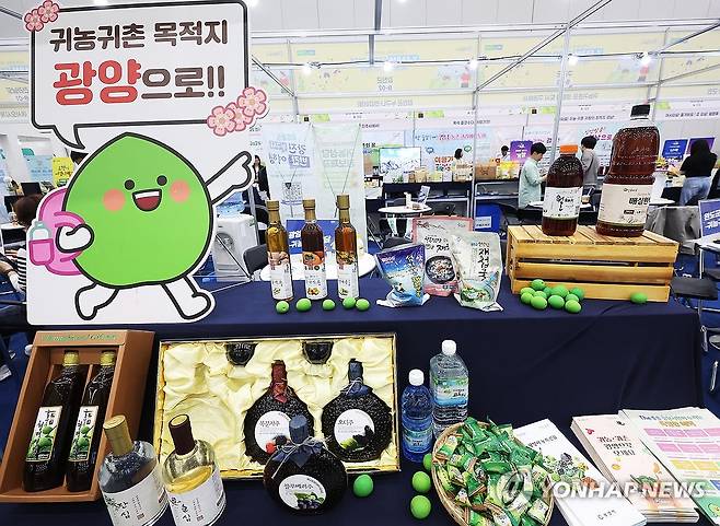 'Y-팜 엑스포' 참가한 광양시 (수원=연합뉴스) 홍기원 기자 = 25일 경기도 수원시 영통구 수원컨벤션센터에서 열린 귀농ㆍ귀촌 지역살리기 박람회 '2025 와이팜 엑스포(Y-FARM EXPO)'에서 광양시 부스에 다양한 특산품이 전시돼 있다. 2025.4.25 xanadu@yna.co.kr