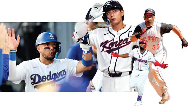 MLB에서 알함브라 목걸이의 유행을 이끈 미겔 로하스와 WBC 대회에 알함브라 목걸이를 착용하고 나온 이정후.&nbsp;알함브라를 착용한 주니어 카미네로. 체인 목걸이를 즐겨 착용하는 켄 그리피 주니어(왼쪽부터).