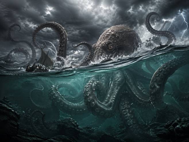 북유럽 신화에 등장하는 바다 속 거대 괴수인 '크라켄' 상상도./챗GPT