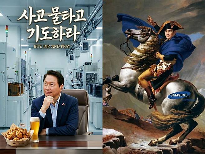각각 SK하이닉스(왼쪽)와 삼성전자 주주들이 충성심을 공유하기 위해 만든 인공지능(AI) 생성 이미지. 온라인 커뮤니티 캡처