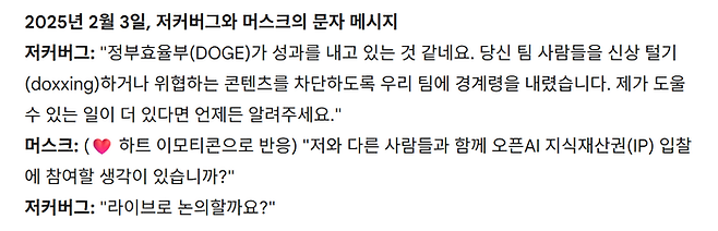 저커버그와 머스크의 문자 메시지