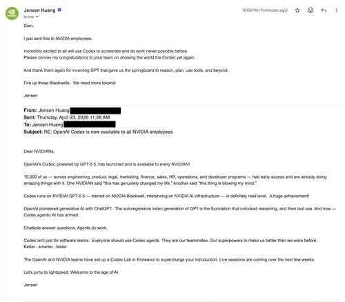 샘 올트먼 오픈AI CEO가 소셜 미디어 엑스(X)를 통해 공개한 젠슨 황 엔비디아 CEO의 이메일 [출처 = 샘 올트먼 X 계정]