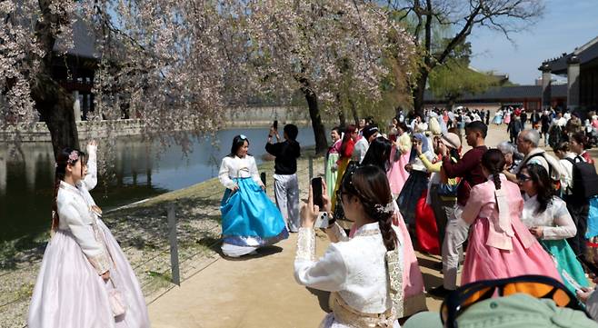완연한 봄날씨를 보인 지난 12일 오후 서울 종로구 경복궁에서 한복을 입은 외국인관광객이 기념촬영을 하고 있다. /사진= 뉴시스