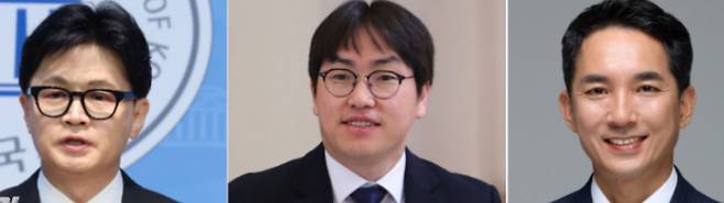 한동훈 전 국민의힘 대표(왼쪽)와 하정우 대통령실 수석, 박민식 전 국가보훈부 장관(오른쪽).  황진황 기자·연합뉴스