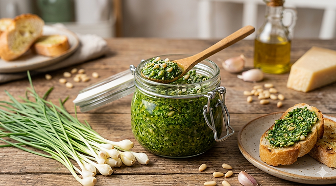 흐르는 물에 깨끗이 손질한 달래에 올리브오일과 견과류, 치즈 등을 더해 갈아내면 달래 페스토가 완성된다. 구글 '제미나이' 생성 이미지