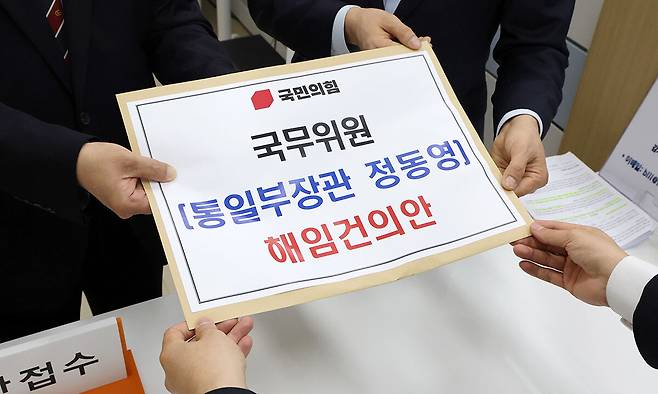 국민의힘 곽규택 의원과 박충권 원내수석대변인이 24일 국회 의안과에 정동영 통일부 장관에 대한 해임건의안을 제출하고 있다. 연합뉴스