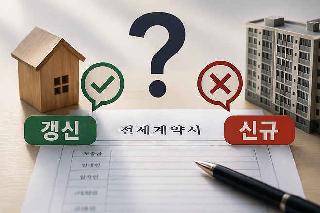 전세 계약서 위에 ‘갱신’과 ‘신규’를 상징하는 요소를 배치해 재계약의 갈림길을 생성형 AI 챗GPT를 이용해 표현한 이미지. 계약 형태에 따라 해지 가능 여부가 달라지는 상황을 시각적으로 나타냈다.