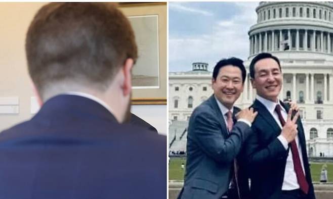 장동혁 국민의힘 대표 등 국민의힘 방미단이 지난 16일(현지시각) 미국 국무부 차관보를 만났다며 공개한 사진. 오른쪽은 장 대표가 방미 중 김민수 국민의힘 최고위원과 미국 연방의회 의사당 앞에서 찍은 사진. 국민의힘 제공, 김성수씨 사회관계망서비스(SNS) 스레드 갈무리