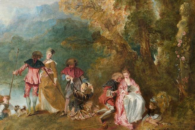 시테르 섬의 순례(Le Pèlerinage à l'Isle de Cithère) 부분 확대. 오른쪽 위 아프로디테 석상 아래에서 세 커플의 사랑이 단계별로 진행된다. 오른쪽 부터 첫 번째 커플은 속삭이고(유혹), 두 번째 커플은 손을 잡고 일어서며(만남), 세 번째 커플은 허리를 감싸고 함께 걸어간다(완성).