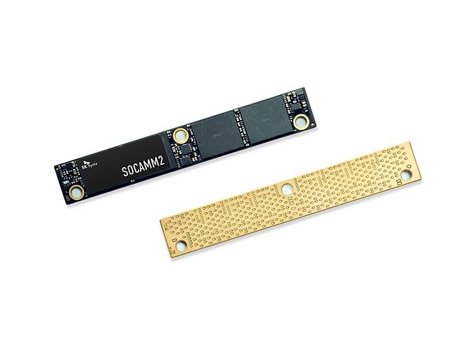 SK하이닉스의 10나노급 6세대(1c) LPDDR5X 저전력 D램 기반 차세대 메모리 모듈 규격인 소캠2(SOCAMM2) 192GB(기가바이트) 제품. [SK하이닉스 제공]