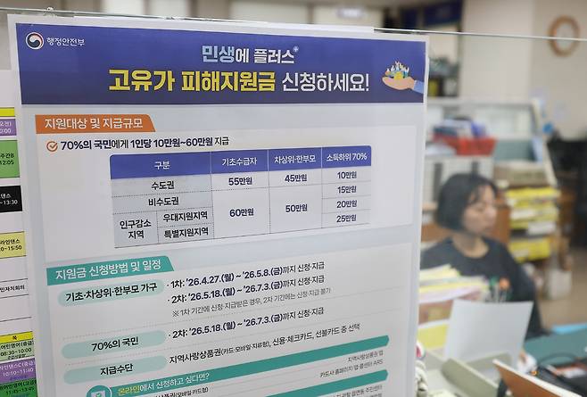 지난 4월23일 서울 시내&nbsp;한 동주민센터의 ‘고유가 피해 지원금’&nbsp;관련 안내문. 연합