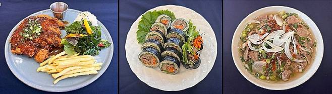 보성다향대축제 축제장 먹거리 음식. 녹돈까스, 녹돈상추김밥, 녹차쌀국수.<보성군 제공>