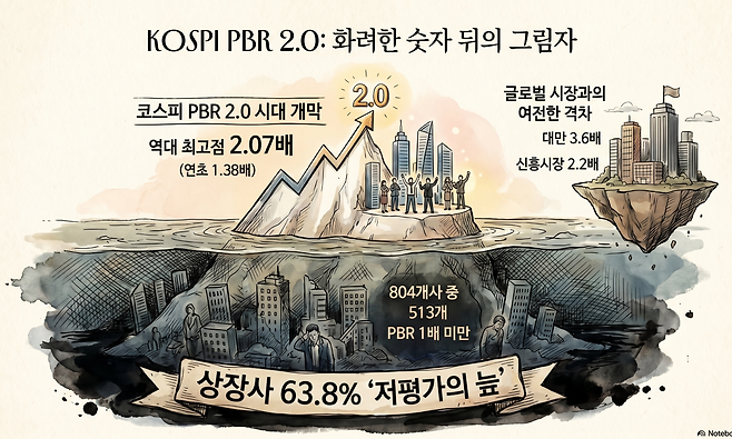26일 한국거래소에 따르면 23~24일 코스피 지수의 주가순자산비율(PBR)은 2.07배로, 역대 최고점을 기록했다.(출처=구글 노트북LM)