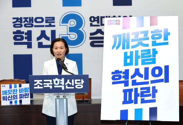 조국혁신당 이해민 총괄본부장이 26일 국회에서 중앙선대위 기자간담회를 열고 “중앙선대위 이름은 파란바람개비를 줄인 파란개비 선대위”라고 밝히고 있다. [연합뉴스]