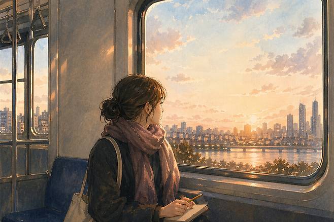 김화진 작가는 20대 초반 서울과 안양을 오가며 둘로 나뉘어 있다고 느꼈다. 특히 남태령역과 선바위역을 지나갈 때마다 ‘이제 다른 세계로 들어간다…’라고 생각했다. 그림은 한겨레가 인공지능 챗지피티에 “경기도와 서울을 오가는 한 여성이 지하철에서 창밖 한강 풍경을 바라보고 있는 모습을 수채화 느낌으로 그려줘”라는 지시어를 입력해 생성한 이미지.