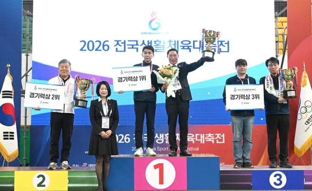 경기도선수단이 23일부터 26일까지 경남 김해 일원에서 열린 ‘2026 전국생활체육대축전’에서 23년 연속 최다종목 종합우승 및 경기력상 1위라는 기록을 완성한 가운데 이원성 경기도체육회장, 김성훈 본부장(가운데)이 26일 기념촬영을 하고 있다. 대한체육회 제공
