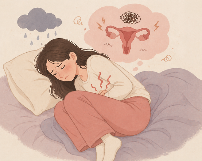 생리통의 고통을 그려달라고 하자 생성AI가 만든 이미지. 처음에는 어두운 밤 벼락치는 배경으로 훨씬 무시무시한 그림을 그렸다. [챗GPT]