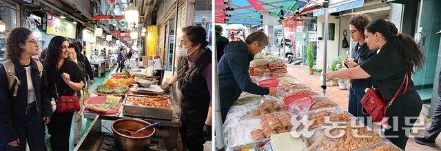 세계적인 관광명소로 인기를 끄는 전통시장에 교환학생으로 한국에 온 두 외국인 ‘알바’와 ‘아야’가 방문했다. 경북 경주 ‘중앙시장 오일장’(오른쪽 사진)과 ‘경주성동시장’의 상인들이 이들을 반기고 있다. 경주=김도웅 프리랜서 기자