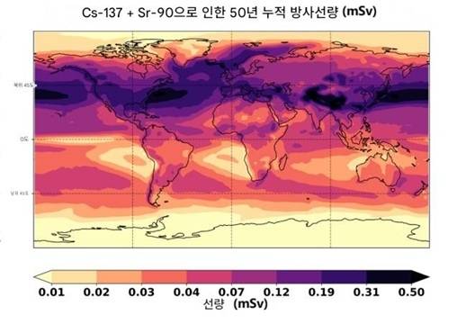 ▲핵전쟁으로 방출된느 세슘-117과 스트론듐-90으로 인한 50년 누적 방사선량. (단위: 밀리시버트(mSv)) (자료=njp Clean Enerf=gy, 2026)