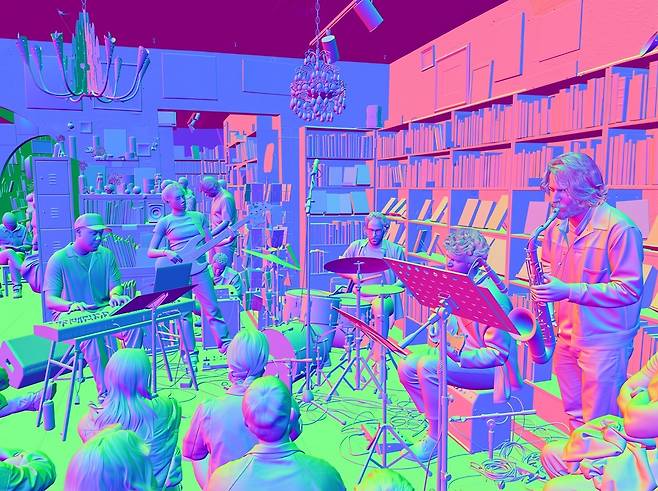 비전 바나나를 통해 사물 표면의 법선을 추정해 색깔별로 구분한 결과. 실제 사물의 굴곡과 표면을 추정할 수 있다. (구글 딥마인드 기술 보고서 갈무리)