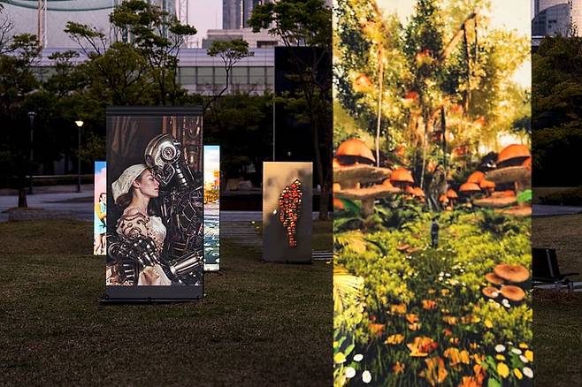 부산시립미술관 야외 조각 공원에서 영상 콘텐츠를 볼 수 있는 '디지털 서브컬처: 디지털 시대의 내러티브와 스토리'. 국제 미디어아트 페스티벌 '루프 랩 부산'의 일환으로 열린다. /부산시립미술관