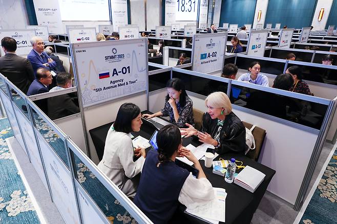 2023년 9월 서울 송파구 소피텔 엠버서더 호텔에서 열린 '2023 서울의료관광 국제트래블마트'에서 해외 바이어들이 국내·외 의료관광 업계 관계자들과 상담을 하고 있다. /뉴스1