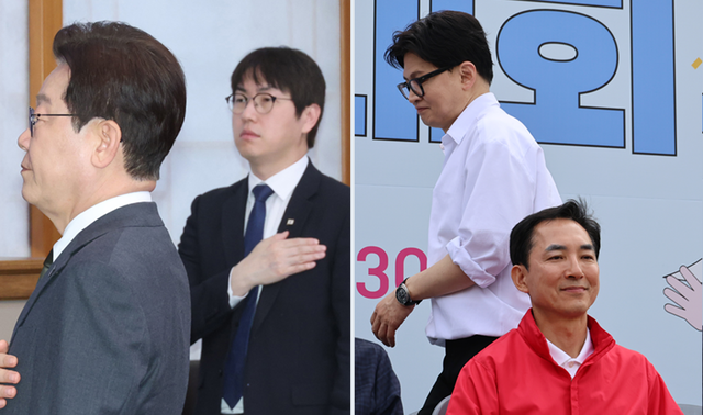 이재명 대통령과 하정우 청와대 AI미래기획수석이 지난 4월 14일 청와대에서 열린 국무회의 겸 비상경제점검회의에서 국기에 경례하는 모습(왼쪽), 부산 북구갑 국회의원 보궐선거에 무소속으로 도전장을 낸 한동훈 전 국민의힘 당대표와 국민의힘 소속으로 출마한 박민식 전 의원이 지난 4월 26일 부산 구포초에서 열린 동문회 운동회에 참석한 모습(오른쪽).[연합뉴스 사진 갈무리]