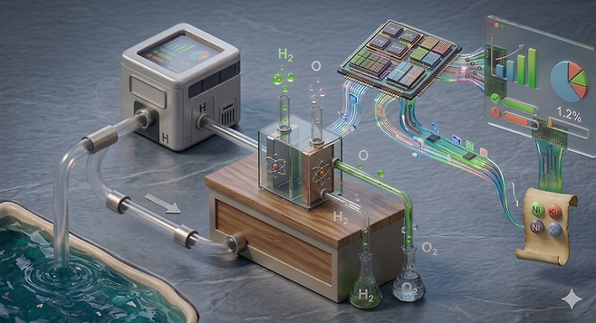 AI 반도체 칩이 수소 전해조 및 연구 데이터와 실시간으로 연결되어 수소 생산 공정을 최적화하는 모습이다. 바닷물 유입부터 최종 원소 검출까지 전 과정이 데이터와 연동되어 AI 기반의 스마트 연구 플랫폼을 시각적으로 보여주고 있다. (그래픽=제미나이 생성)