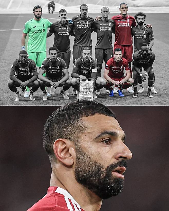 위 사진은 리버풀이 UCL 우승을 차지했던 2018~19시즌 결승전 선발 베스트11의 모습. 아래는 시즌 뒤 퇴단을 알린 살라. 사진=ESPN SNS