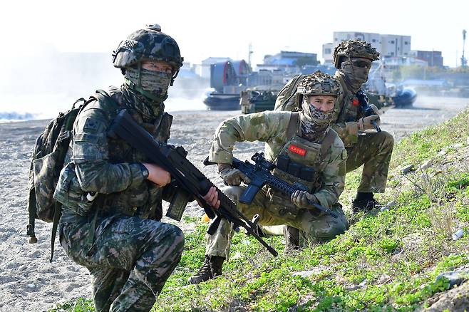 27일 해병대상륙돌격장갑차로 해안에 도착한 한국과 뉴질랜드 육군 병력이 해안 두보를 확보하기 위해 한국 해병대와 명령을 기다리고 있다. 뉴스1