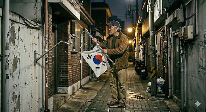 중년 남성이 태극기와 깃대를 훼손하는 모습. 사진 제미나이