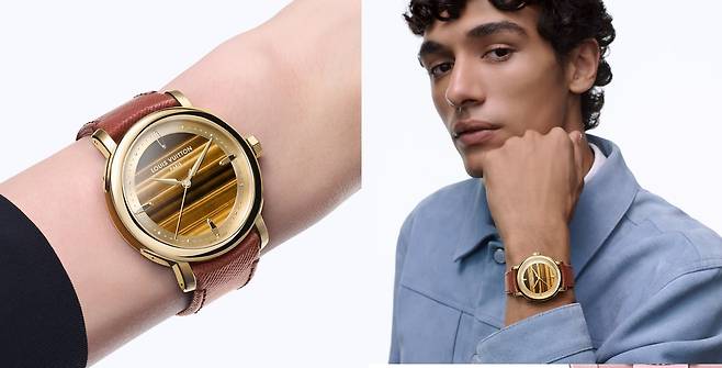 올해 초 LVMH 워치 위크 행사를 통해 선보인 에스칼 워치 타이거아이 다이얼 버전. 옐로 골드 케이스와 다이얼이 조화를 이루며, 남녀 모두 착용 가능하다. 사진 루이 비통