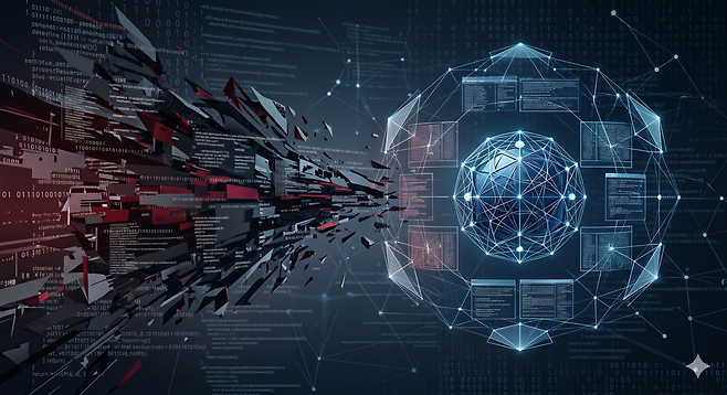 기존 보안 시스템을 무력화시키는 압도적 지능을 가진 AI ‘미토스(Mythos)’의 파괴력을 시각화한 이미지.  본 이미지는 이해를 돕기 위해 AI로 생성되었다.