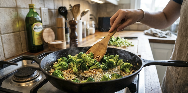 브로콜리는 담백하면서도 은은한 단맛이 나는 채소다. 브로콜리를 올리브유에 볶으면 특별한 양념 없이도 재료 본연의 맛을 살릴 수 있어 담백한 한 끼 메뉴로 제격이다. 구글 '제미나이' 생성 이미지