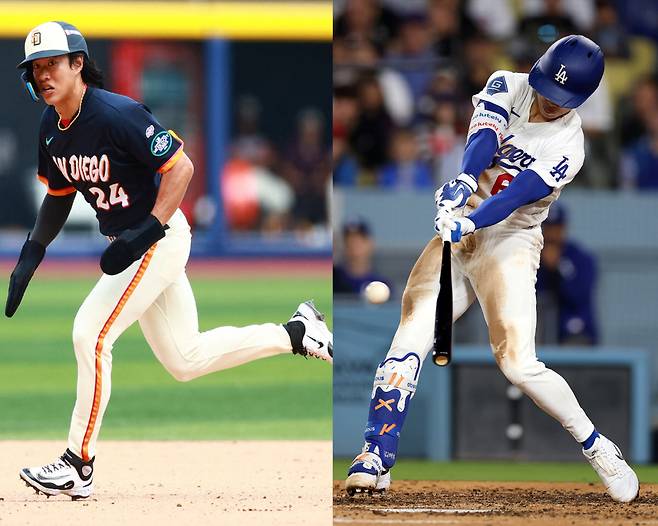 샌디에이고 송성문(왼쪽)과 타격하고 있는 다저스 김혜성. 로이터·게티이미지코리아