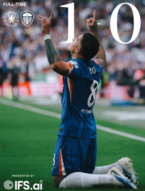 엔소 페르난데스가  27일(한국시간) 영국 런던 웸블리 스타디움에서 열린 리즈 유나이티드와 '2025~2026 FA컵' 4강전에서 골 세리머니를 펼치고 있다. /사진=첼시 공식 SNS 갈무리