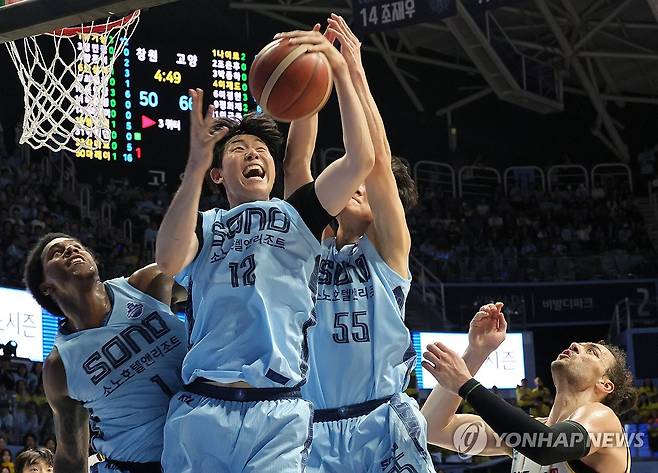 악착같이 볼 잡는 강지훈 (고양=연합뉴스) 김병만 기자 = 27일 고양 소노 아레나에서 열린 2025-2026 LG전자 프로농구 4강 플레이오프 3차전 고양 소노와 창원 LG 경기. 소노 강지훈이 볼을 잡고 있다. 2026.4.27 kimb01@yna.co.kr