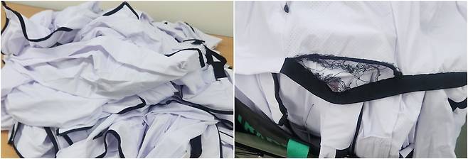 경기도체육회가 D사로부터 납품받은 2026 전국생활체육대축전 경기도 선수단복에서 불량품이 발생했다. 사진은 하자가 확인된 단복들이 쌓여 있는 모습. <독자 제공>