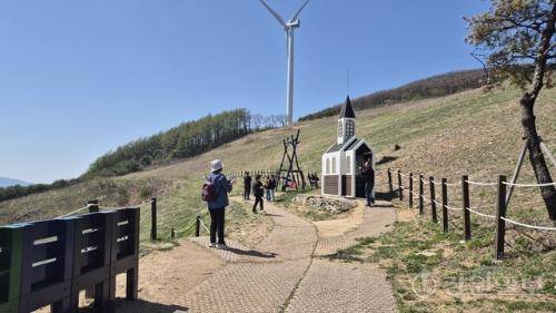 청옥산 육백마지기 야생화 생태 단지에서 지난 26일 방문객들이 능선을 따라 펼쳐진 풍경을 감상하며 휴식을 즐기고 있다.