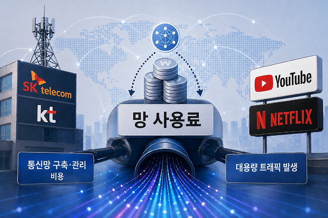 국내 통신사와 해외 빅테크 간의 망 사용료 관계.(사진=챗GPT AI 생성)