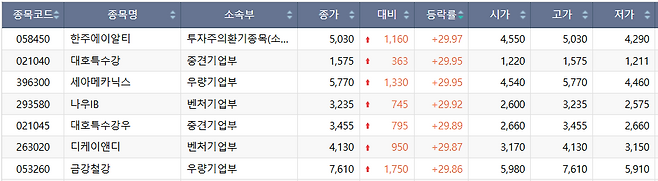 28일 코스닥 시장 상한가 종목.(출처=한국거래소)