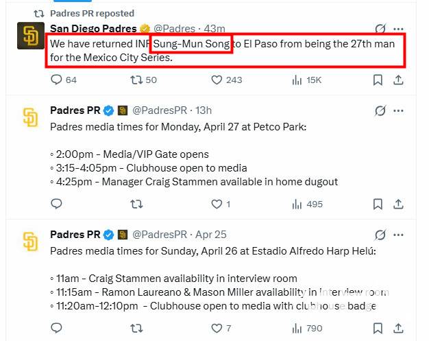 (송성문의 마이너리그 강등소식을 전한 샌디에이고 구단 홍보팀 SNS)