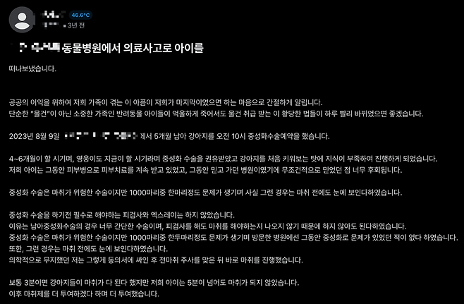 보호자 A씨가 의료사고로 강아지가 사망했다며 SNS에 올린 게시물. [SNS 캡처]