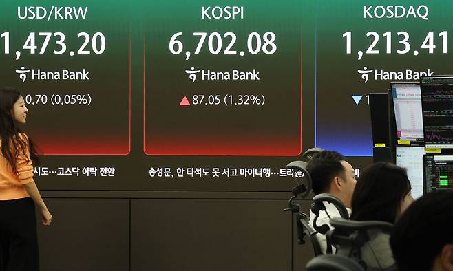 코스피가 상승 출발해 장중 최고치를 다시 경신한 28일 서울 하나은행 본점 딜링룸에서 딜러들이 업무를 보고 있다. 코스피는 전장보다 31.77포인트(0.48%) 오른 6,646.80으로 출발해 상승세를 유지하고 있다. 연합