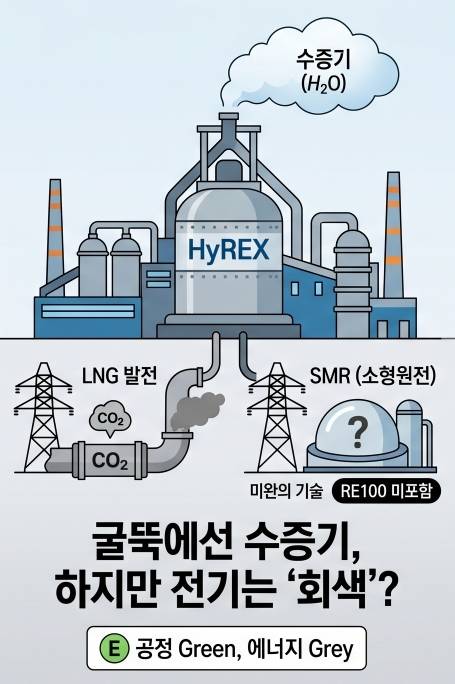 포스코가 ‘탄소 배출 1위’를 벗고 그린 스틸 승자로 남을 수 있을지는 에너지 전환에 달렸다. 수소환원제철(HyREX)을 둘러싼 에너지 믹스 딜레마를 보여주는 이미지. /서득수 제공
