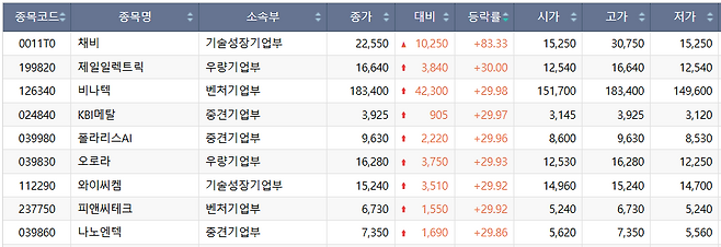 29일 코스닥 시장 상한가 종목.(출처=한국거래소)